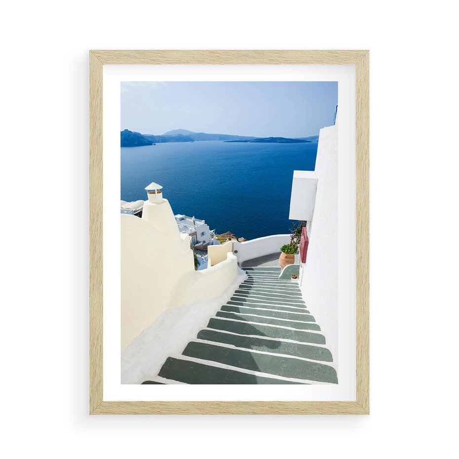 Plakat w ramie 50x70 - Malowniczy urok wyspy - Santorini, schodki - rama drewno