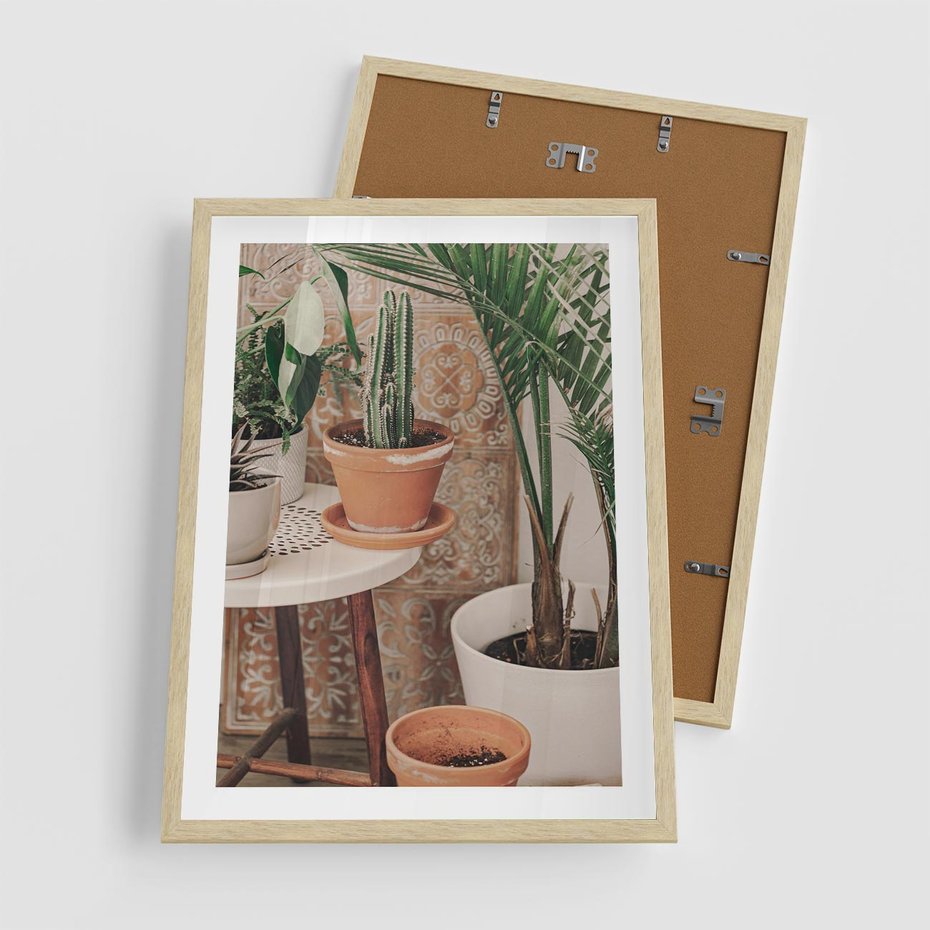 Plakat w ramie 50x70 - Boho Oaza: Kaktusy w Doniczkach - rośliny kaktusy w doniczkach, boho wnętrze - rama drewno