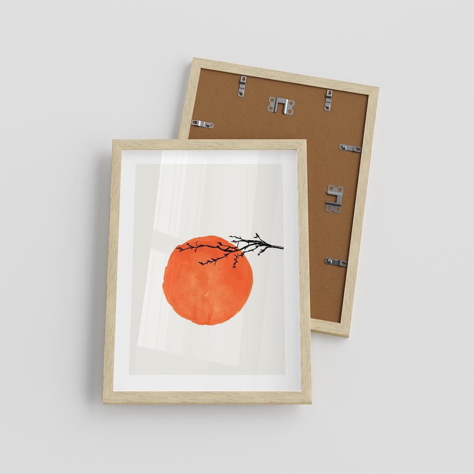 Plakat w ramie 30x40 - Słońce i Gałązka - pomarańczowe słońce, gałązka - rama drewno