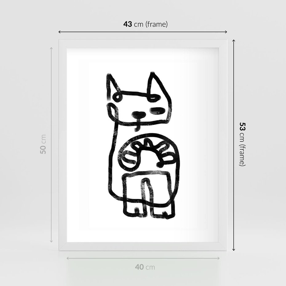 Plakat w ramie 40x50 - Portret Kociej Duszy - szkic kota, prymitywizm - rama biała