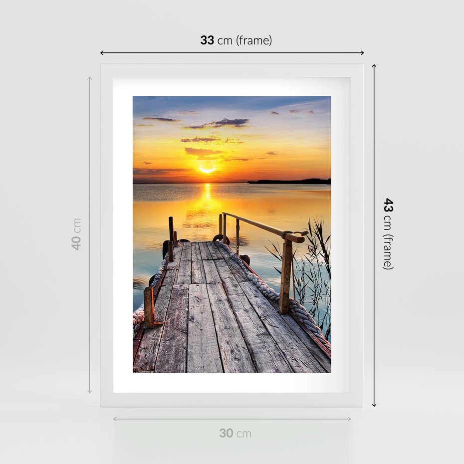 Plakat w ramie 30x40 - Zachód nad jeziorem z pomostem - pomost, jezioro - rama biała