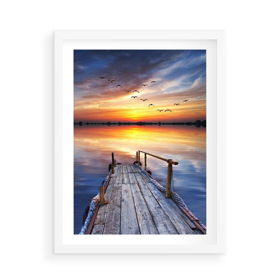 Plakat w ramie 50x70 - Zachód słońca na pomostcie - pomost, zachód - rama biała