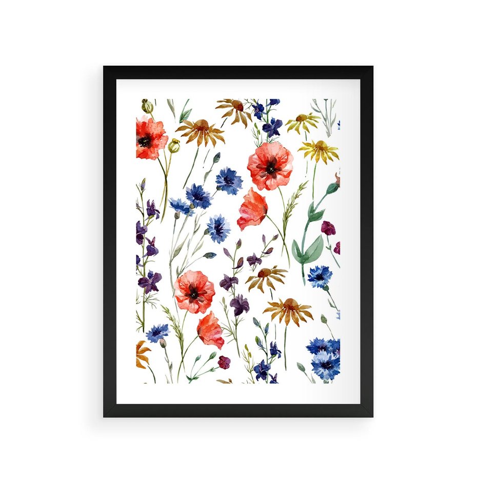 Plakat w ramie 30x40 - Kwiatowe radości na łące - kwiaty, łączka - rama czarna