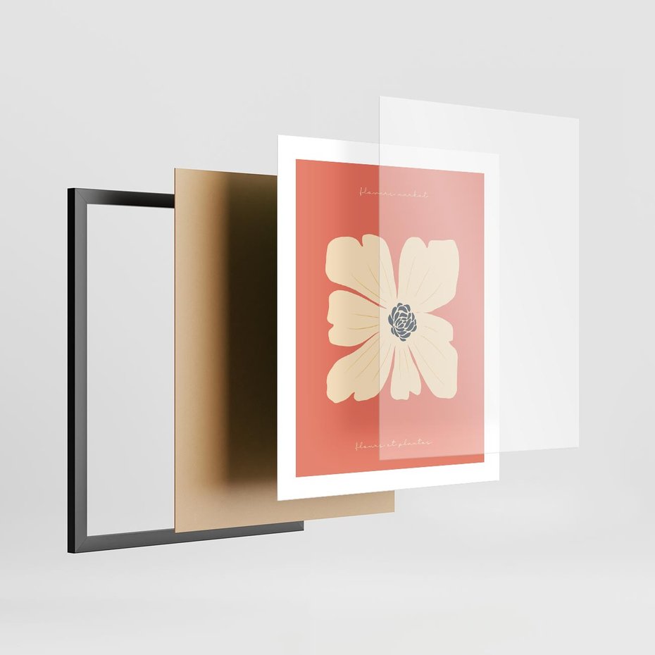 Plakat w ramie 40x50 - Malowane Kolorowe Echa - minimalistyczna grafika, biały kwiat na różowym tle - rama czarna