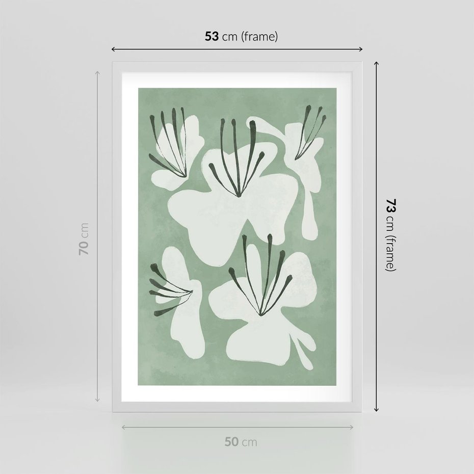 Plakat w ramie 50x70 - Rozkwitające Ukojenie - zgaszona zieleń, kwiaty - rama biała