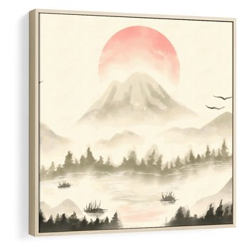 Obraz w ramie 80x80 - Przyroda Japonii - japońska akwarela, góry - rama drewno