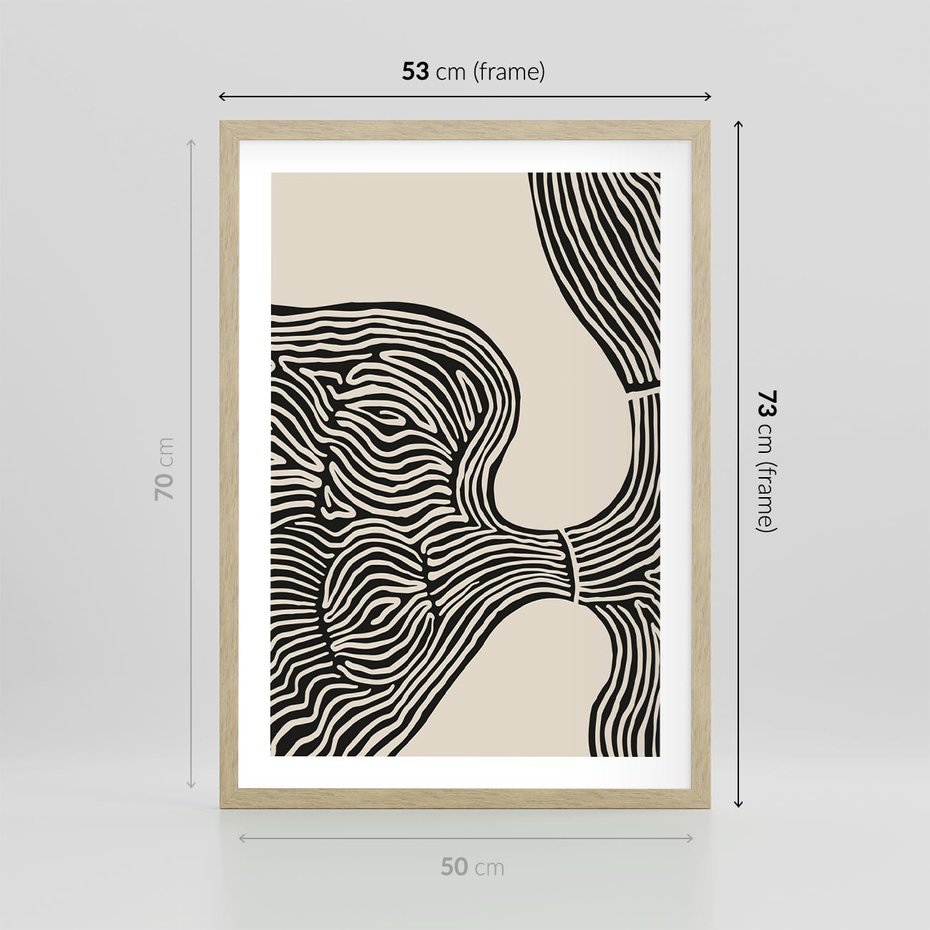 Plakat w ramie 50x70 - Harmonijne Kształty - abstrakcyjne ryciny, czarno biały - rama drewno
