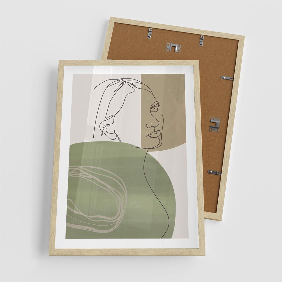 Plakat w ramie 50x70 - Jedna Linia, Wiele Emocji - akwarelowe plamy, na nich szkic postaci kobiety jedną linią - rama drewno