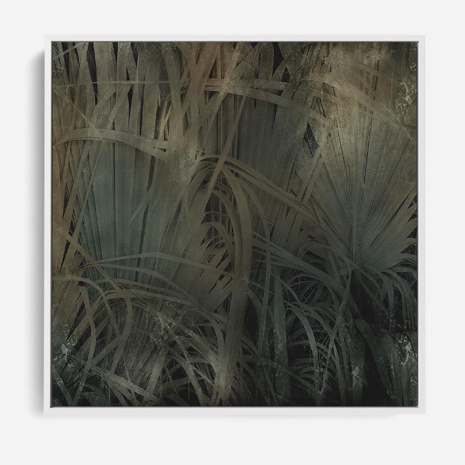 Obraz w ramie 80x80 - Światło w mroku duszy - liście traw, mroczny klimat - rama biała