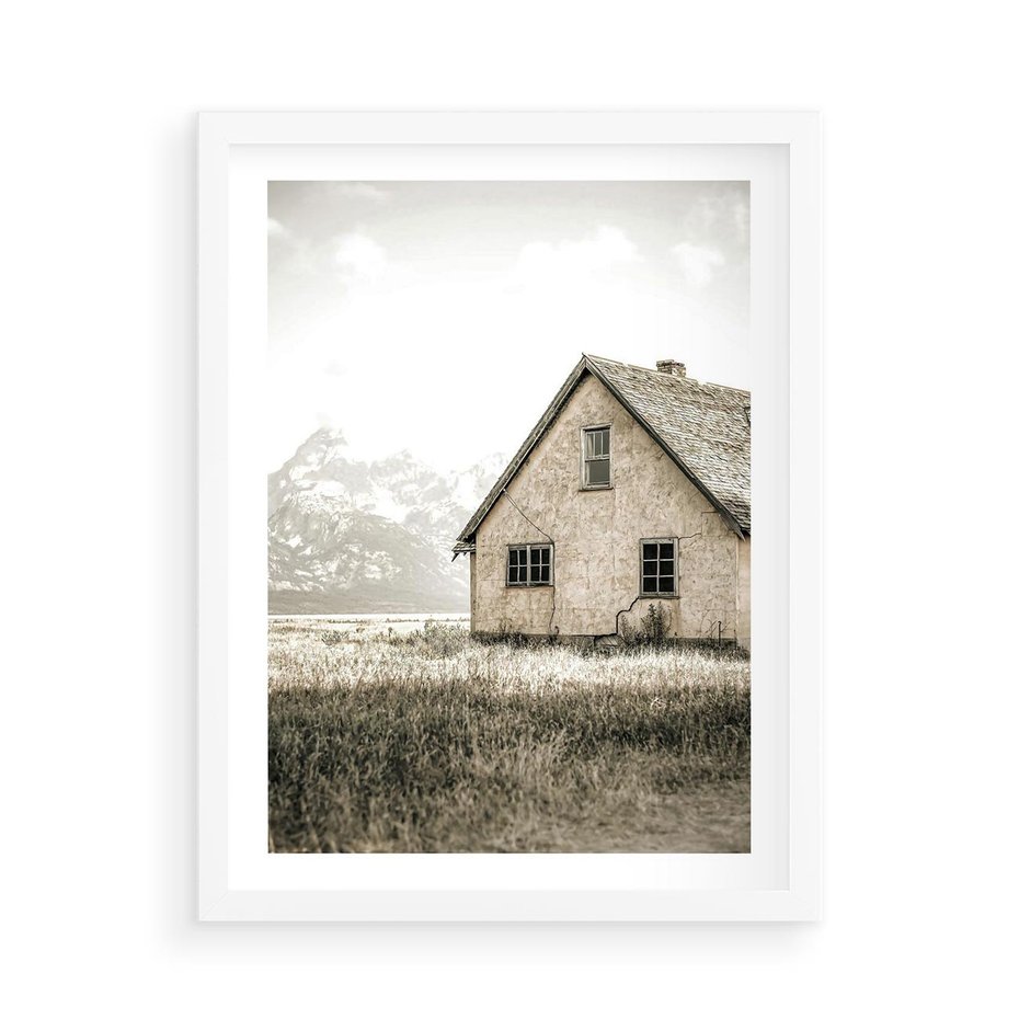 Plakat w ramie 50x70 - Ciepła Atmosfera - dom, stary dom w górach - rama biała