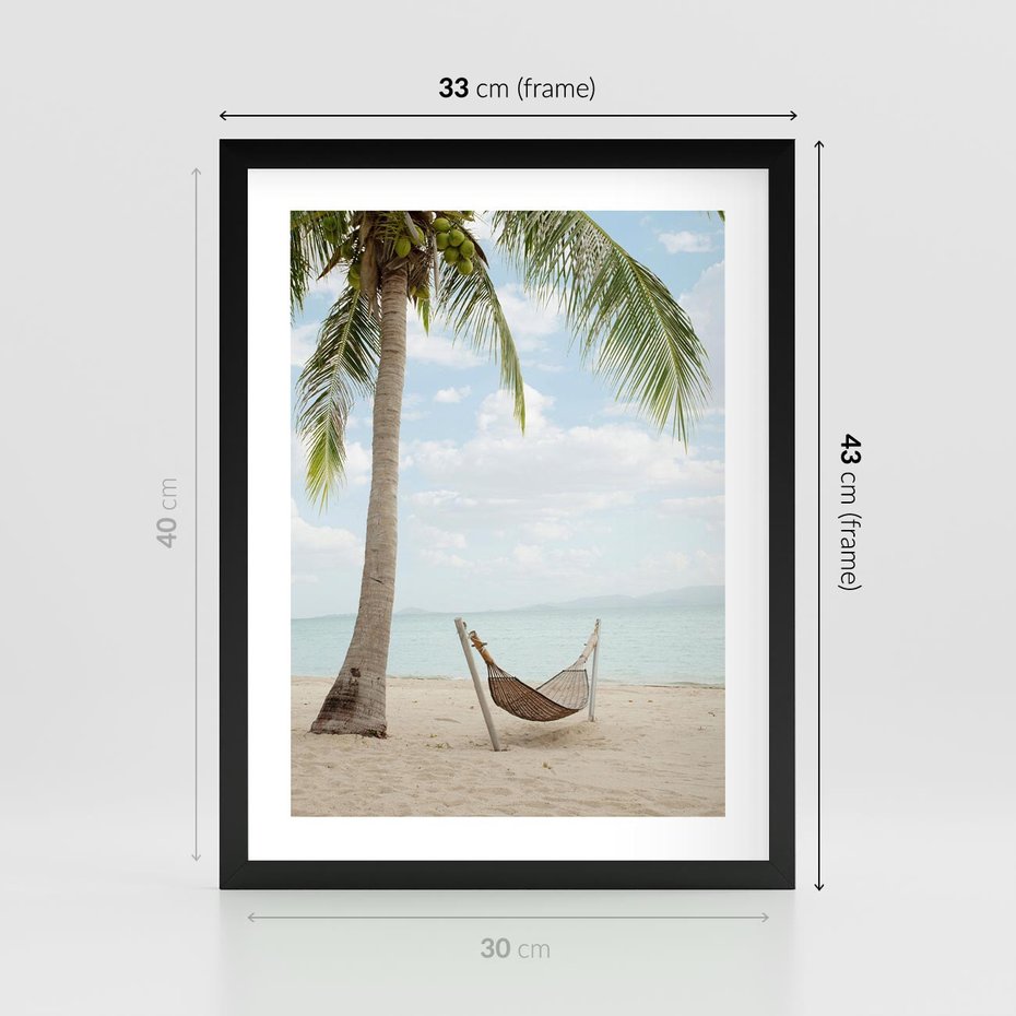 Plakat w ramie 30x40 - Relaks na plaży - palma, hamak - rama czarna