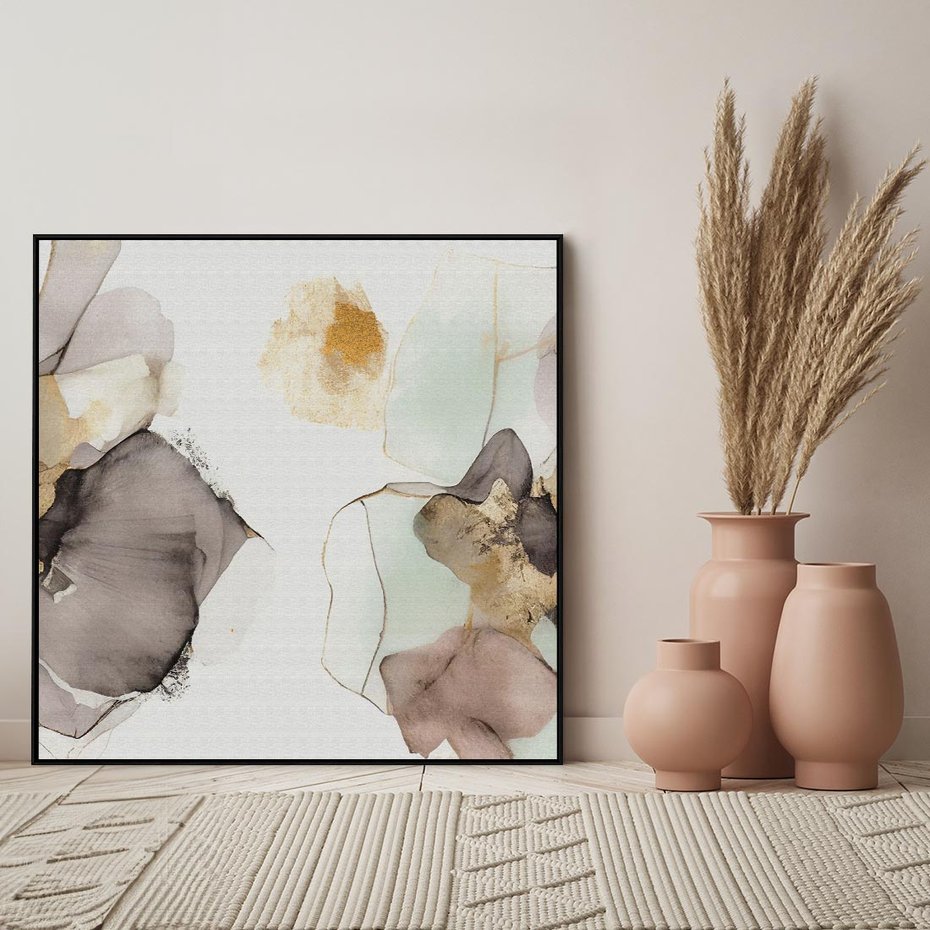 Obraz w ramie 50x50 - Nowoczesne Elegancje - akwarela, złote linie i plamy - rama czarna