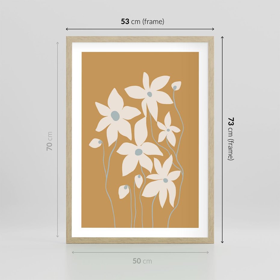 Plakat w ramie 50x70 - Kwiatowy Spektakl - minimalistyczne kwiaty, na pomarańczowym tle - rama drewno
