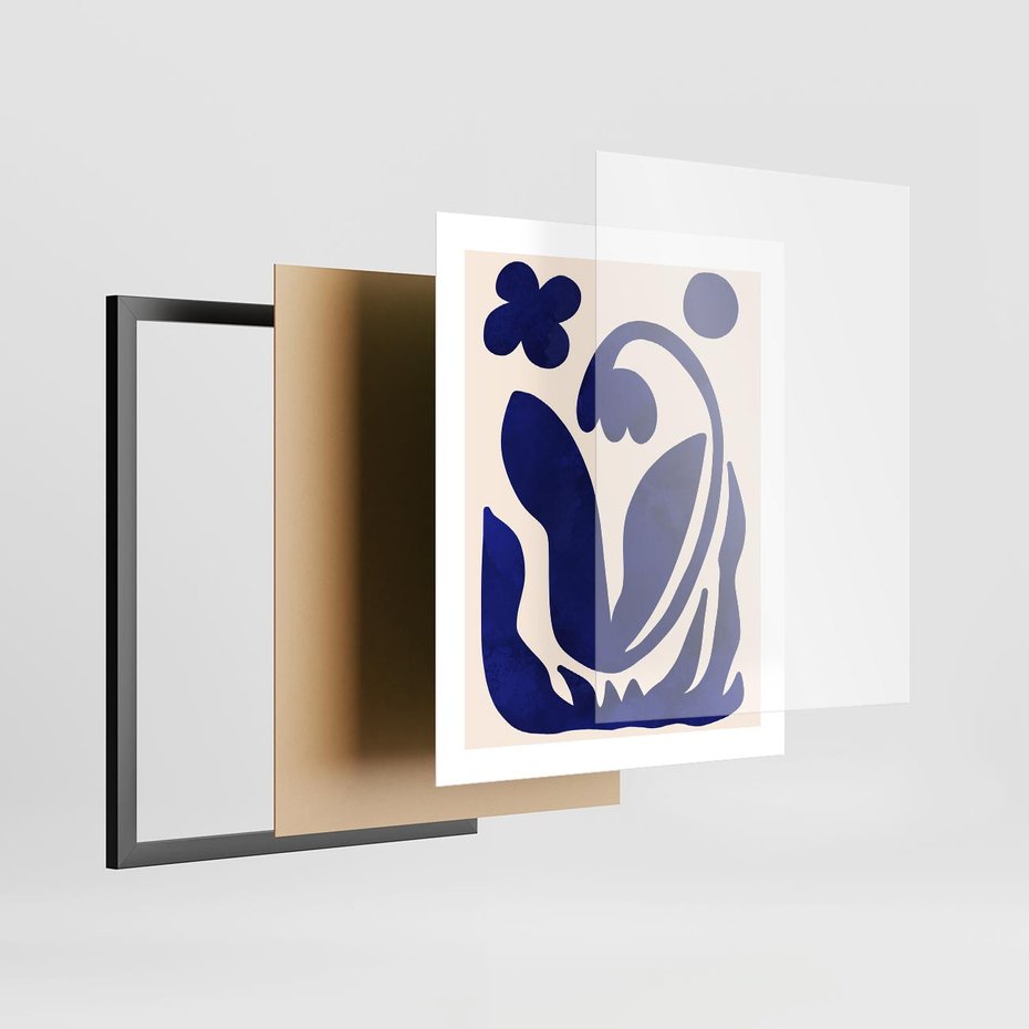 Plakat w ramie 40x50 - Bezgraniczne Echa Serca - abstrakcyjny obraz plakat, dziwne niebieskie kształty przypominają kwiat - rama czarna