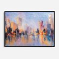 Obraz w ramie 70x50 - Miasto Refleksji - olejna panorama miasta w oddali, wiezowce odbijają się w rzece - rama czarna