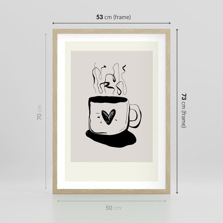 Plakat w ramie 50x70 - Grafika Kubka w Czerni i Bieli - kubek, grafika - rama drewno