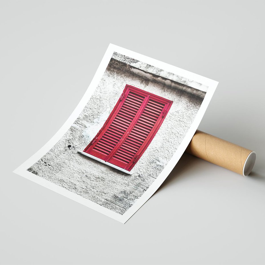 Plakat bez ramy 21x30 - Okno z Czerwonymi Okiennicami - stare okno, kamienica