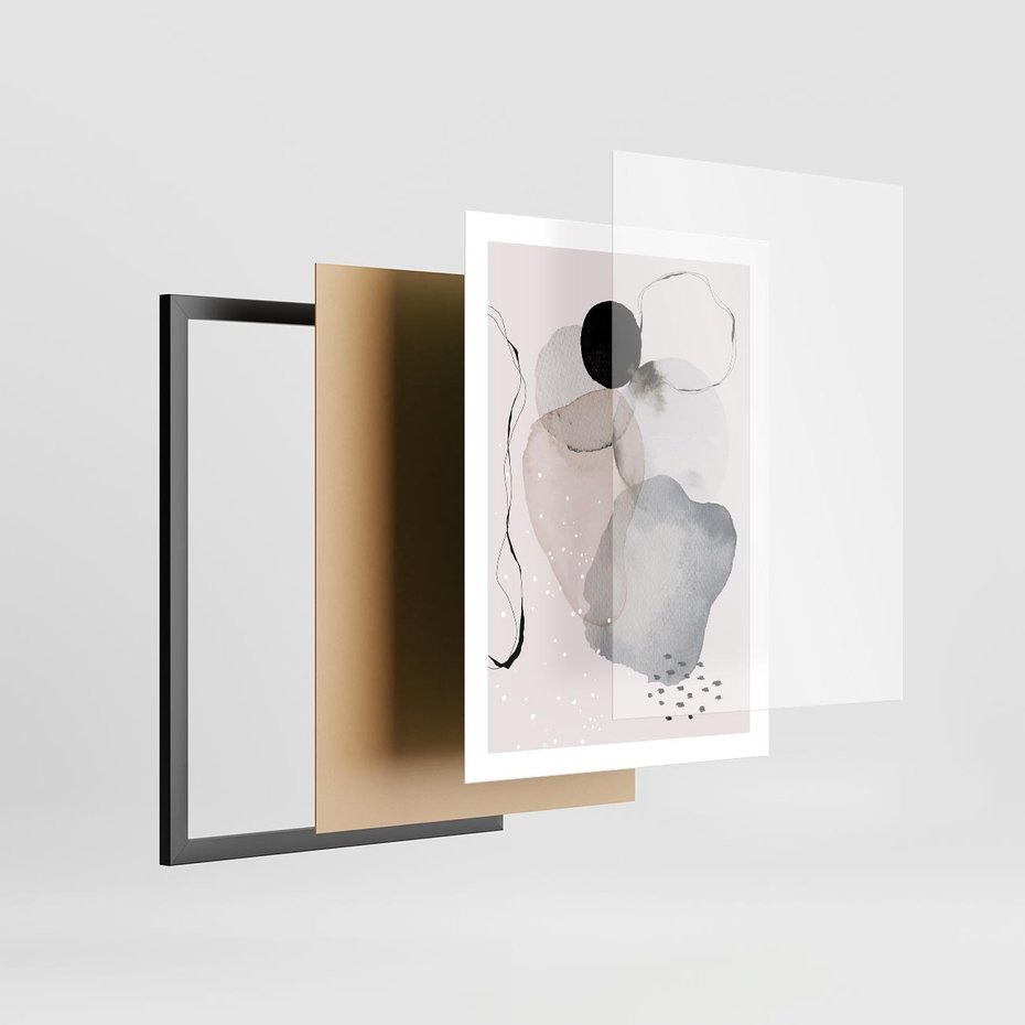 Plakat w ramie 50x70 - Migocące Barwy - abstrakcyjne plamy akwarelowe, czarny szkic - rama czarna