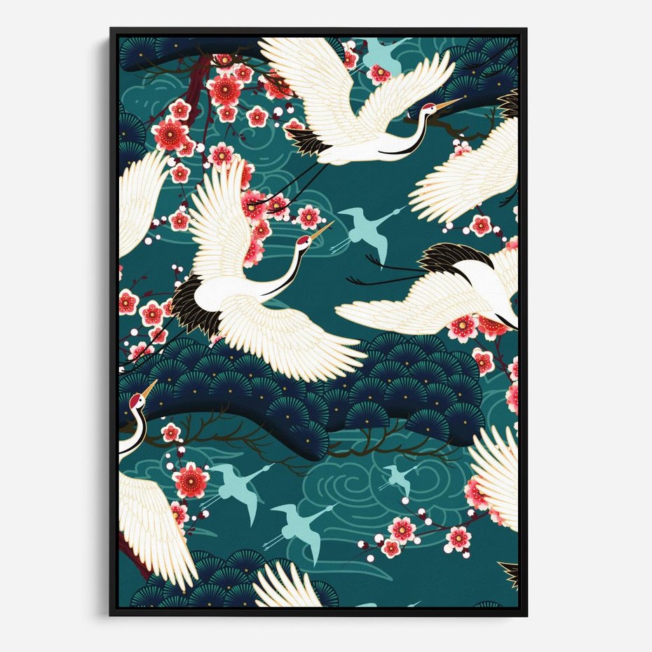Obraz w ramie 70x100 - Żurawie Wachlarze - orientalne japońskie żurawie, grafika - rama czarna