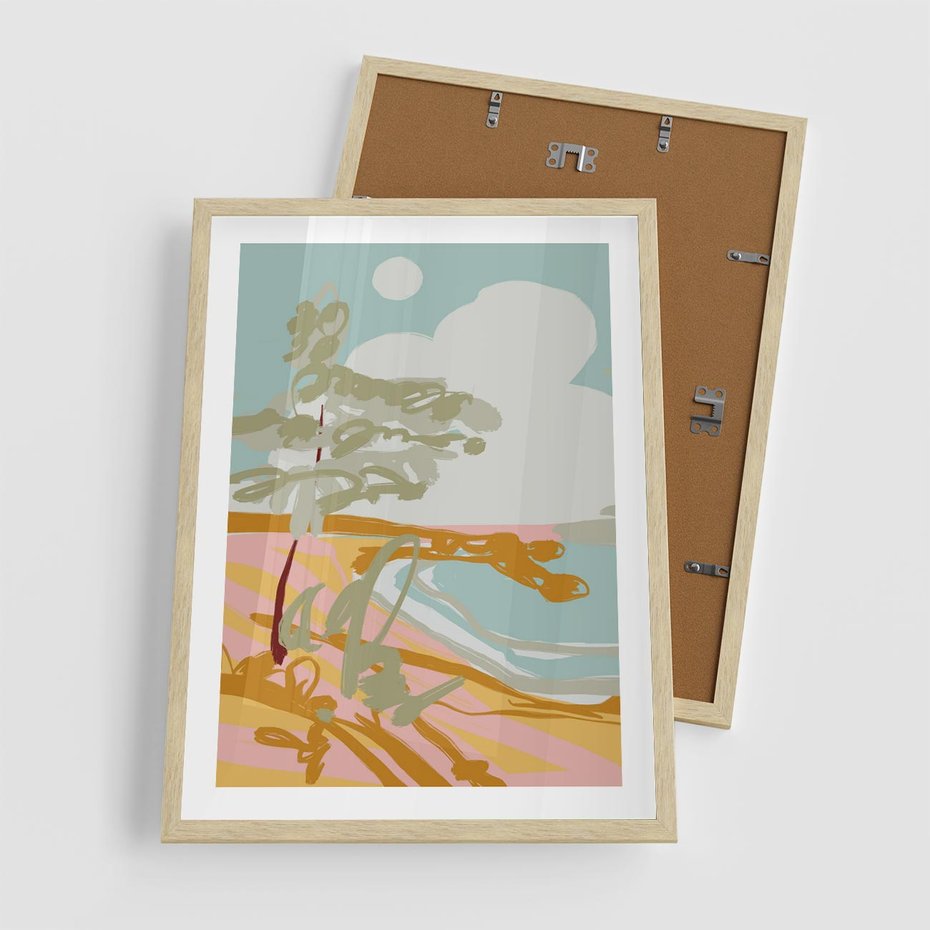 Plakat w ramie 50x70 - Spokojny Wiatr - pastelowy krajobraz, nowoczesny plakat - rama drewno