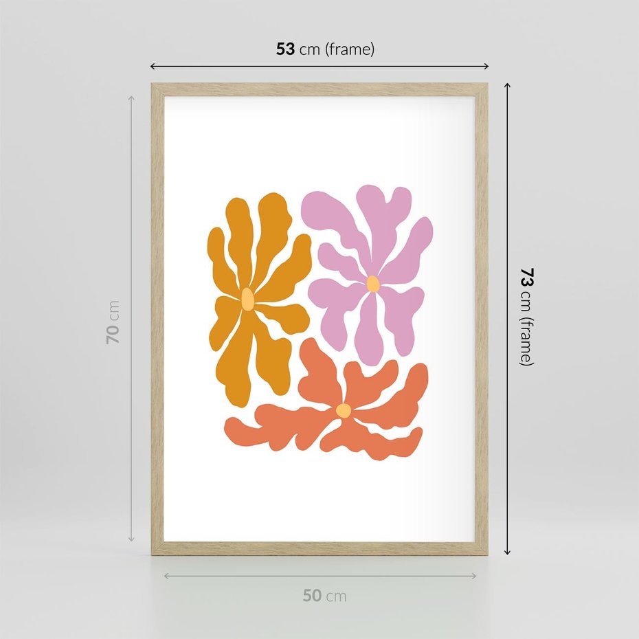 Plakat w ramie 50x70 - Rozbijające Refleksje - abstrakcyjne kolorowe kwiaty, minimlizm - rama drewno