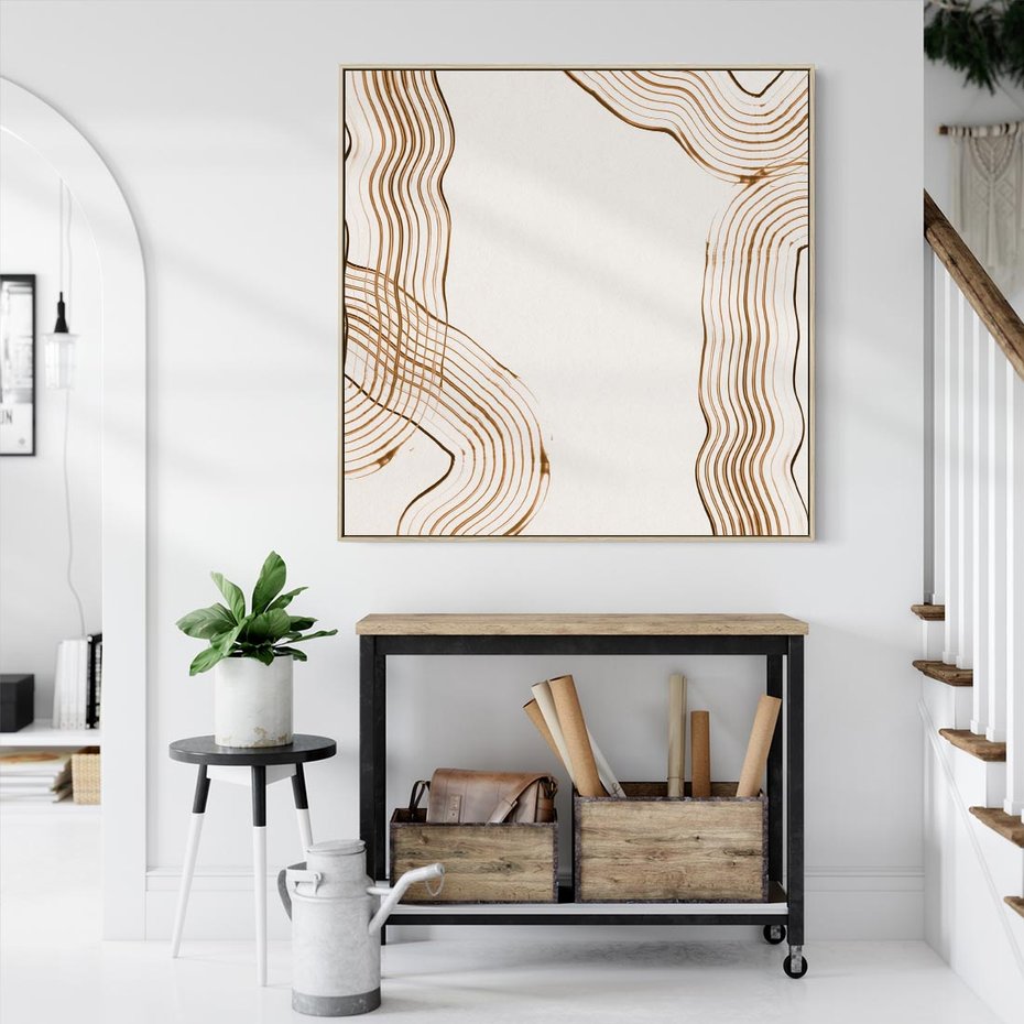 Obraz w ramie 50x50 - Ścieżki pędzla i myśli - minimalistyczna kompozycja, abstrakcyjne brązowe linie na białym tle - rama drewno