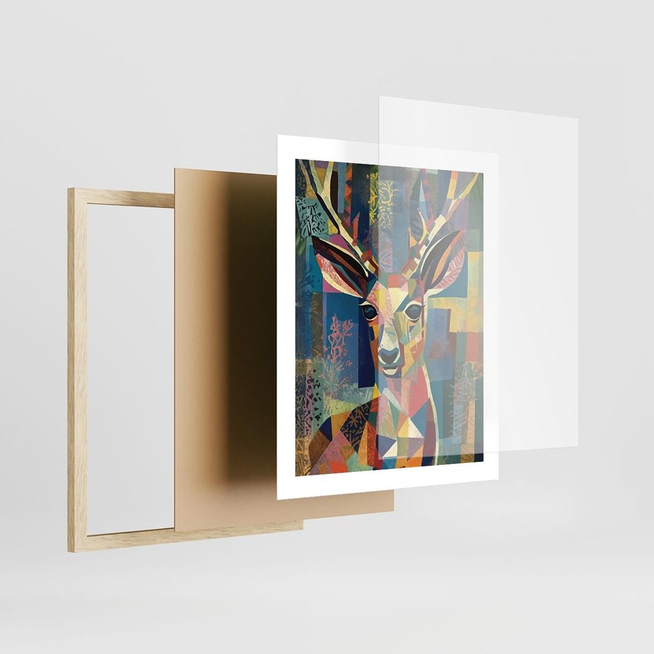Plakat w ramie 40x50 - Bezgraniczne Kontury Zaskoczenia - abstrakcyjny obraz olejny, jeleń - rama drewno