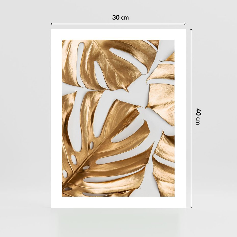 Plakat bez ramy 30x40 - Złote Akcenty w Fotografii - złotel liście monstery, na białym tle