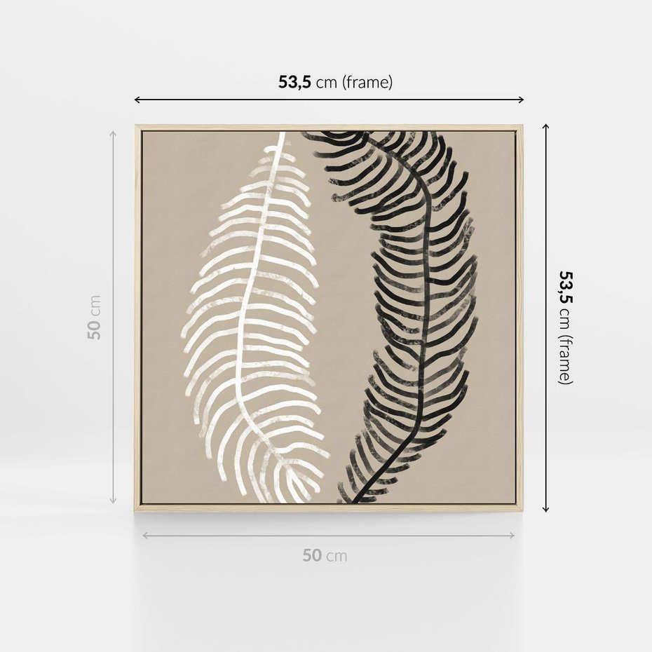 Obraz w ramie 50x50 - Spleciona Harmonia - sztuka nowoczesna, białe i czarne pióro - rama drewno