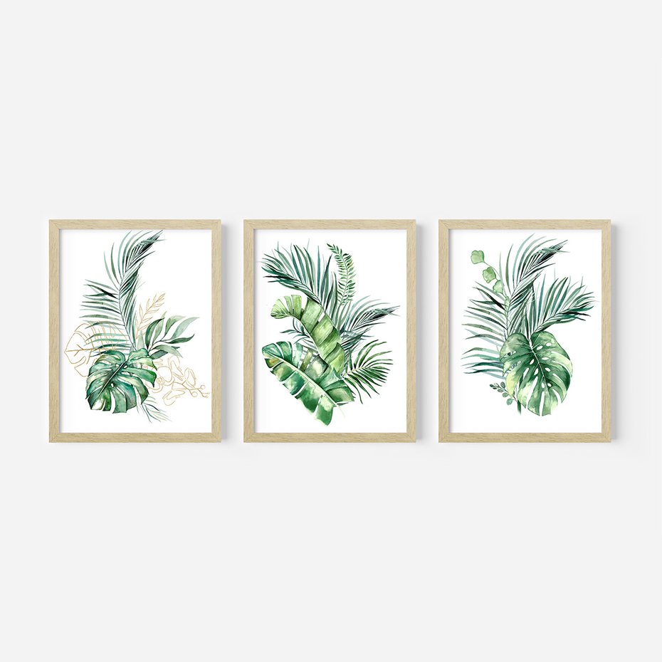 Zestaw obrazy w ramie 50x70 galeria - Liście, monstera, palma, złote, akwarele - rama drewno