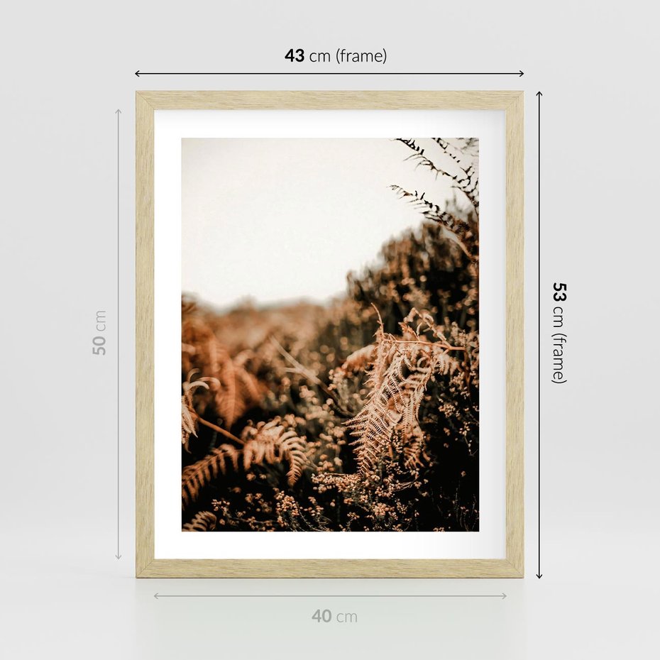 Plakat w ramie 40x50 - Jesienna Harmonia - suche paprocie, jesienny krajobraz - rama drewno