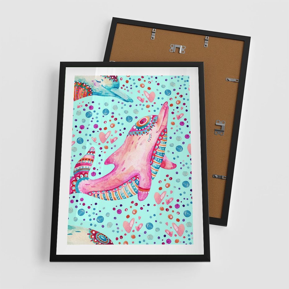 Plakat w ramie 50x70 - Lekkość W Ruchu - delfin, akwarela - rama czarna