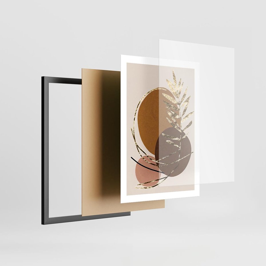 Plakat w ramie 50x70 - Taniec Przenikających Odbić - abstrakcyjny obraz, złote liście palmy - rama czarna