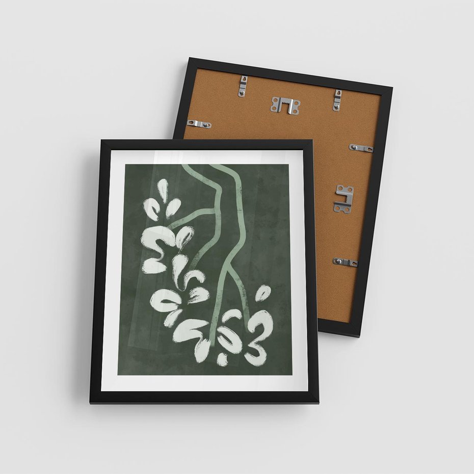 Plakat w ramie 40x50 - Rozkwitające Zielone Gałęzie - abstrakcyjne delikatne zielone linie, podobne do gałęzi kwiatów - rama czarna