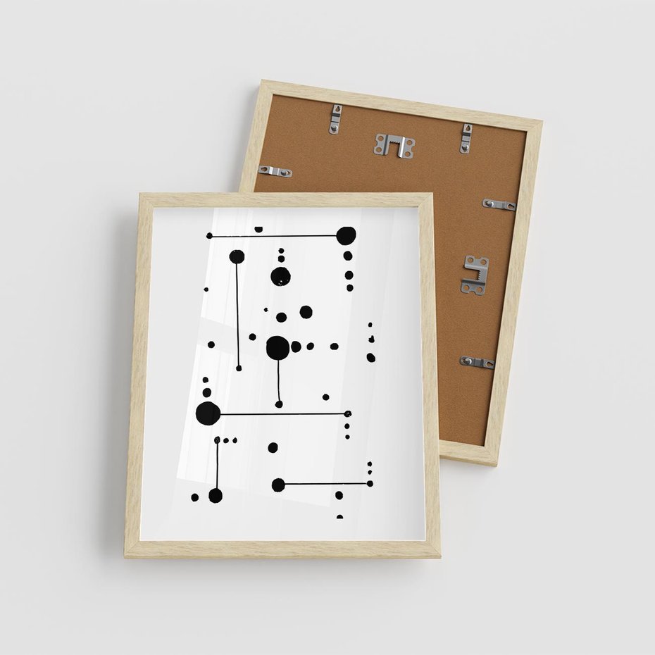 Plakat w ramie 40x50 - Nocne Zawirowania - abstrakcyjny plakat, czarne kropki i kreski - rama drewno