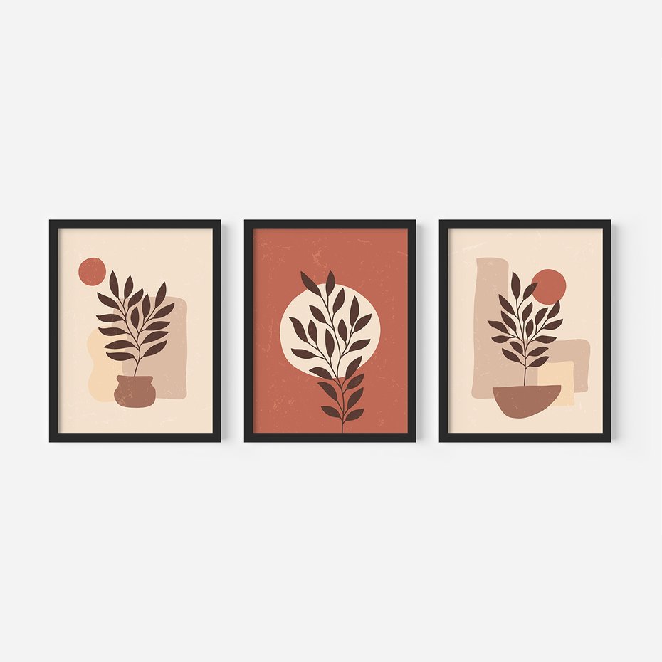 Zestaw obrazy w ramie 50x70 galeria - Boho, rośliny, liście - rama czarna