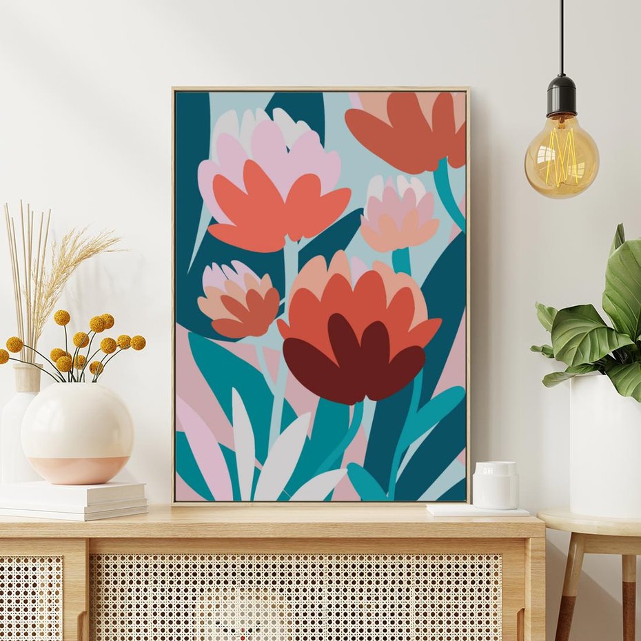 Obraz w ramie 80x120 - Symfonia Kwiatów - abstrakcyjna kompozycja kwiatowych form, kolor zgaszone - rama drewno