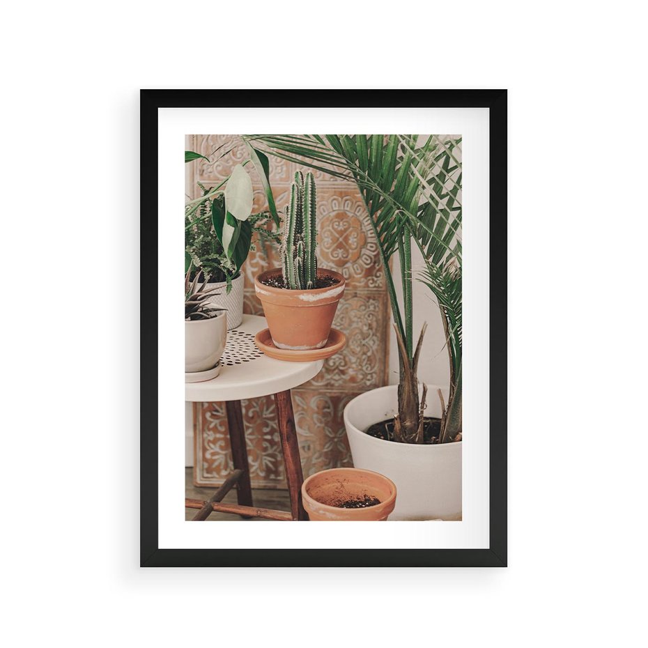 Plakat w ramie 30x40 - Boho Oaza: Kaktusy w Doniczkach - rośliny kaktusy w doniczkach, boho wnętrze - rama czarna
