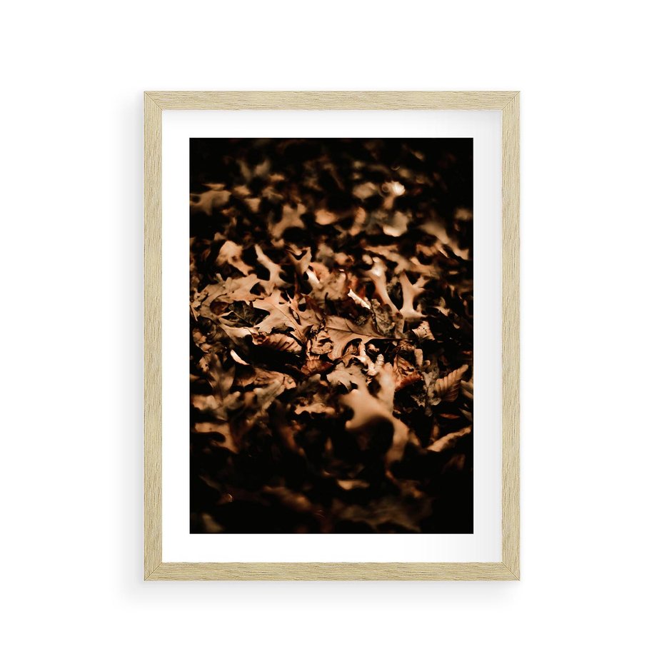 Plakat w ramie 30x40 - Jesienne Liście: Nostalgiczna Kolorystyka - suche liście, jesień - rama drewno