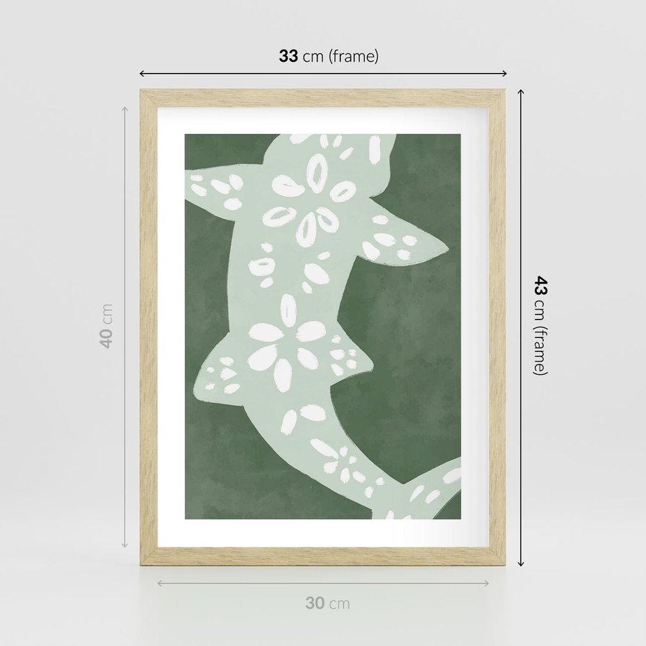 Plakat w ramie 30x40 - Migotliwe Wibracje Zieleni - zielony plakat, abstrakcja przypominająca rybę - rama drewno