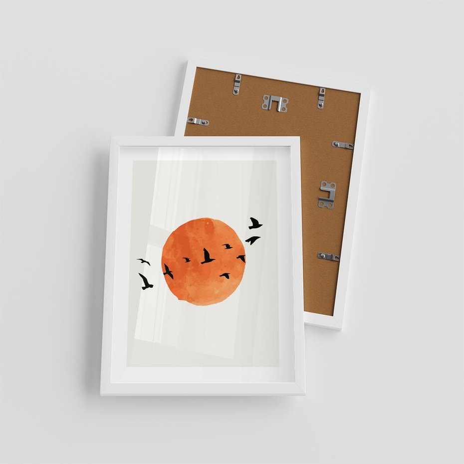 Plakat w ramie 30x40 - Zachód Słońca i Ptaki - grafika akwarela, czarne ptaki na tle zachodu słońca - rama biała