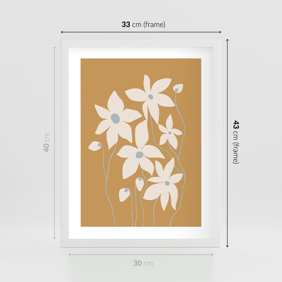 Plakat w ramie 30x40 - Kwiatowy Spektakl - minimalistyczne kwiaty, na pomarańczowym tle - rama biała