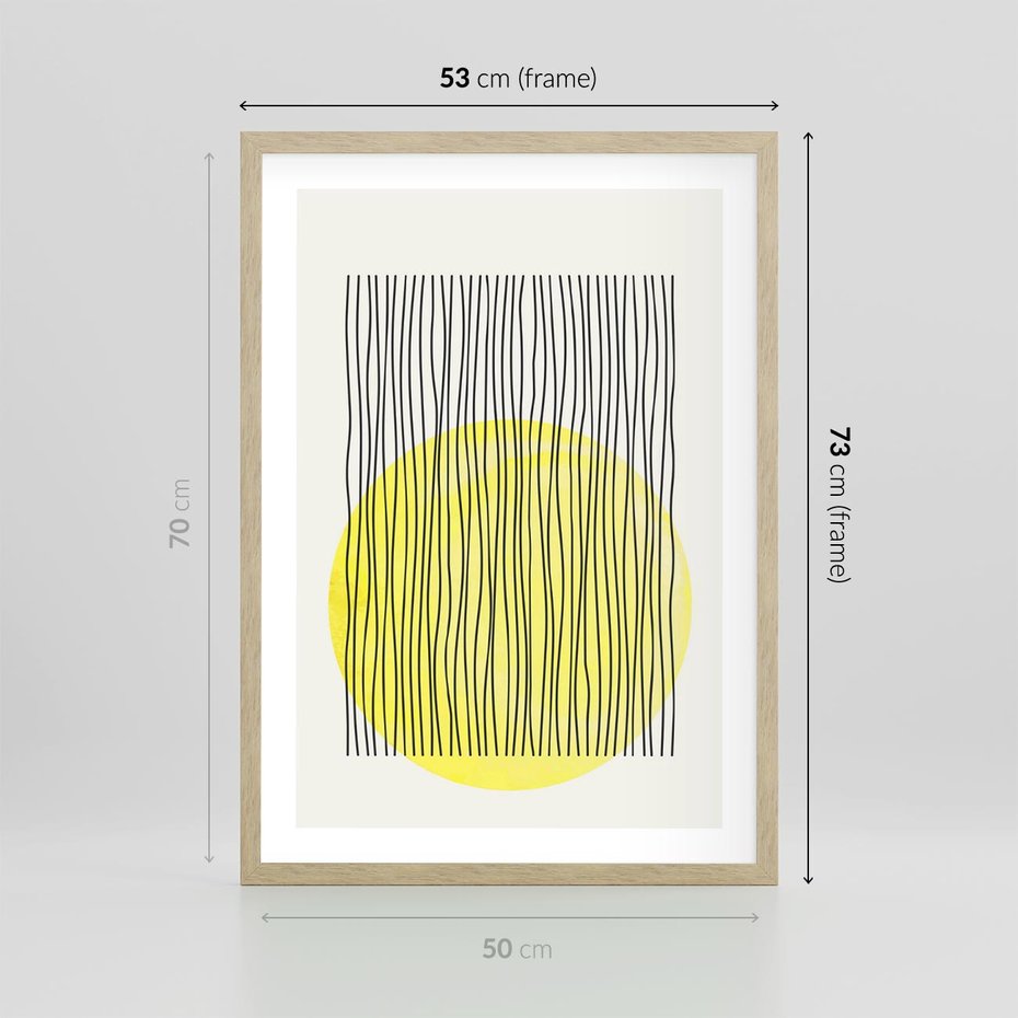 Plakat w ramie 50x70 - Ciepłe Przenikanie - geometria, żółte koło - rama drewno