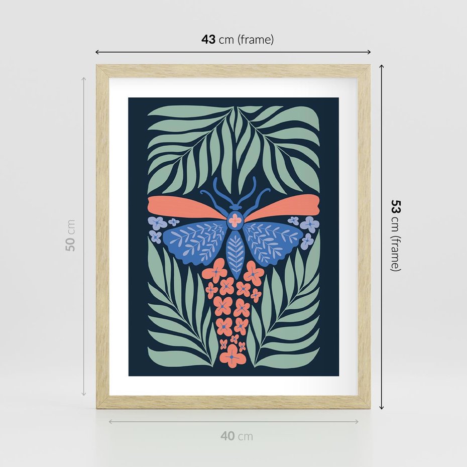 Plakat w ramie 40x50 - Granatowa Noc - granatowe tło, abstrajcyjna ćma - rama drewno