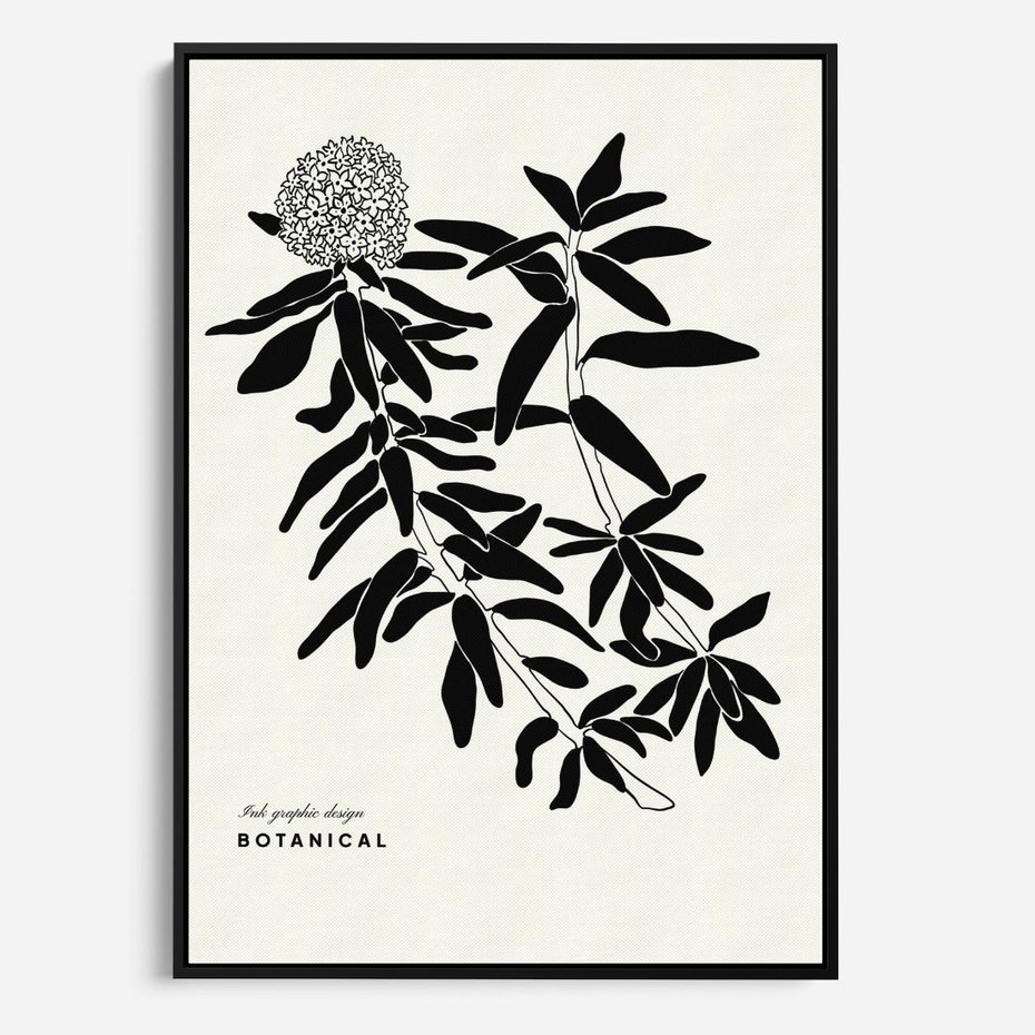 Obraz w ramie 50x70 - Szept kwiatowej wyobraźni - czarno biała grafika, roślinność - rama czarna