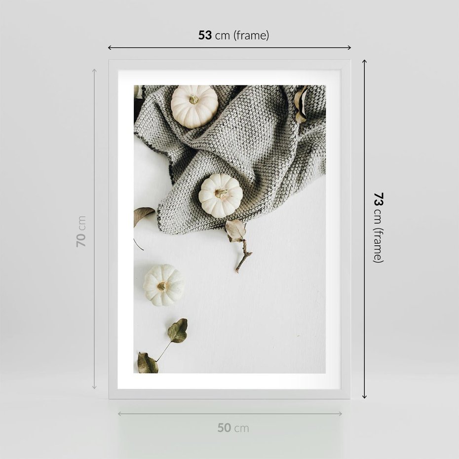 Plakat w ramie 50x70 - Białe Dynie i Przytulny Koc - kompozycja jesienna, białe dynie - rama biała