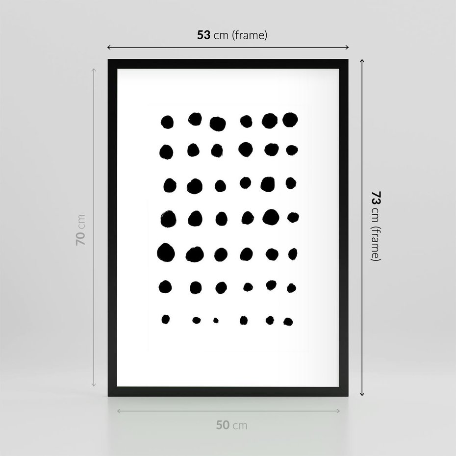 Plakat w ramie 50x70 - Refleksje Światła - minimalistyczna kompozycja, czarne kropkina białym tle - rama czarna