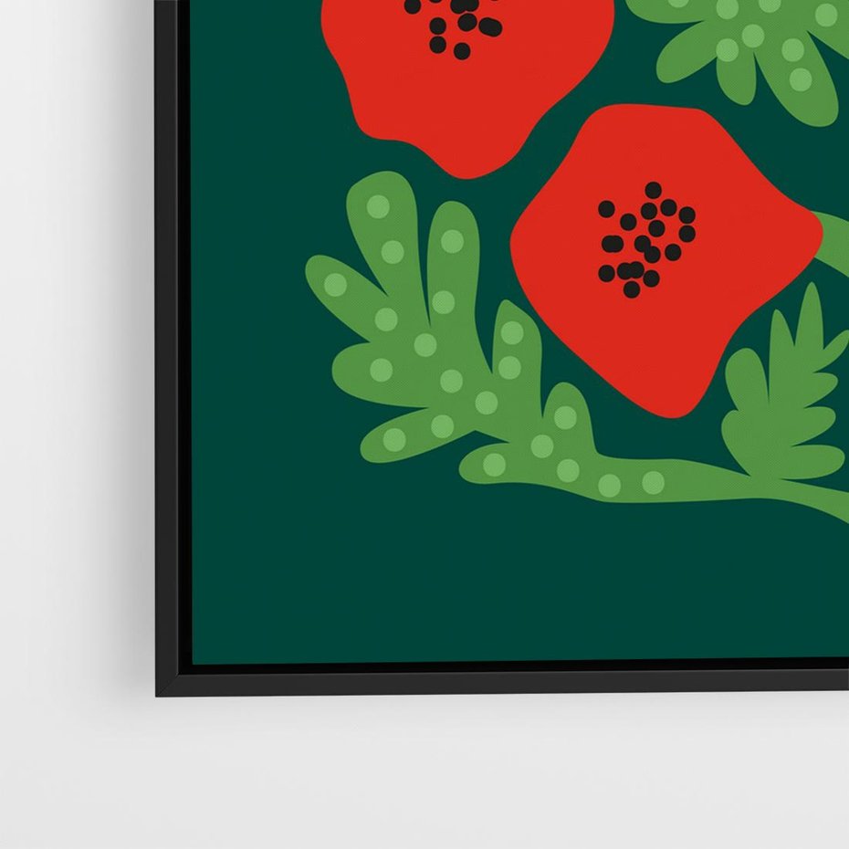 Obraz w ramie 50x50 - Księga Odbić - abstrakcyjna kwiatowa kompozycja, zielone mocne tło - rama czarna