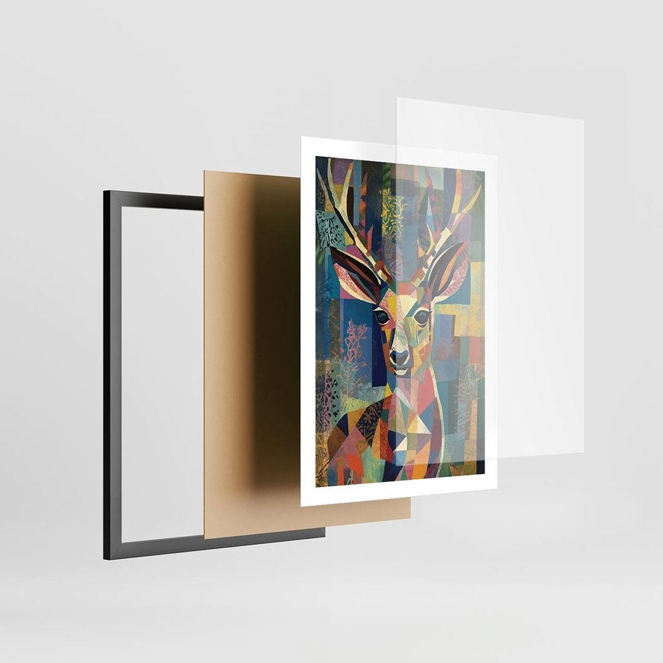 Plakat w ramie 50x70 - Bezgraniczne Kontury Zaskoczenia - abstrakcyjny obraz olejny, jeleń - rama czarna