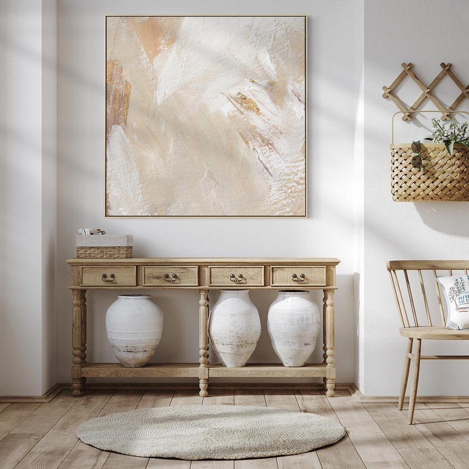 Obraz w ramie 50x50 - Elegancja w Złocistym Chaosie - złoto beż, abstrakcja - rama drewno